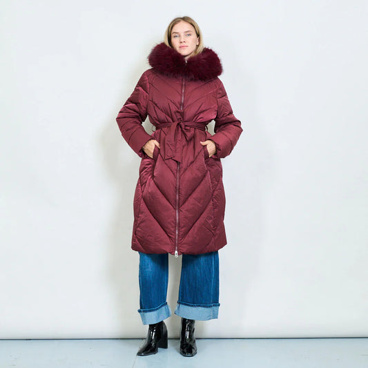 Plus-Size Long Down Jacket with Faux Fur Collar and Belt