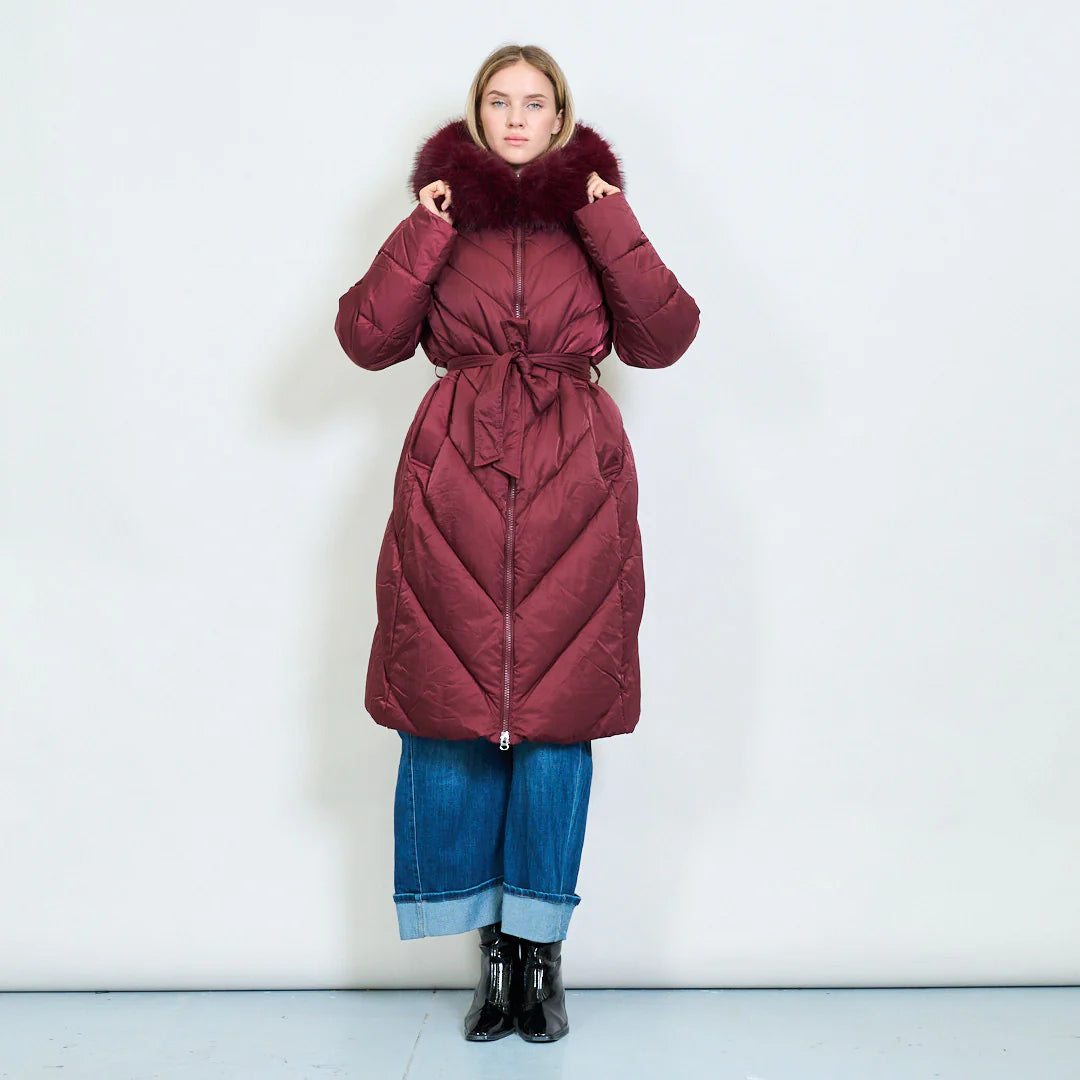 Plus-Size Long Down Jacket with Faux Fur Collar and Belt