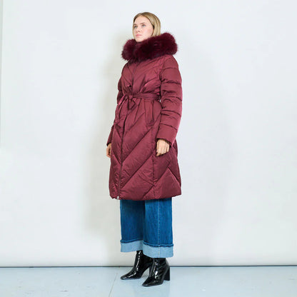 Plus-Size Long Down Jacket with Faux Fur Collar and Belt