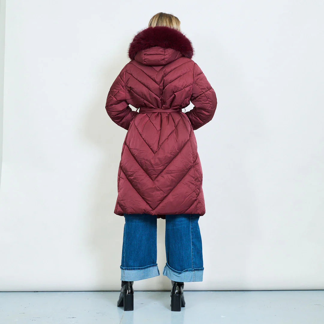 Plus-Size Long Down Jacket with Faux Fur Collar and Belt