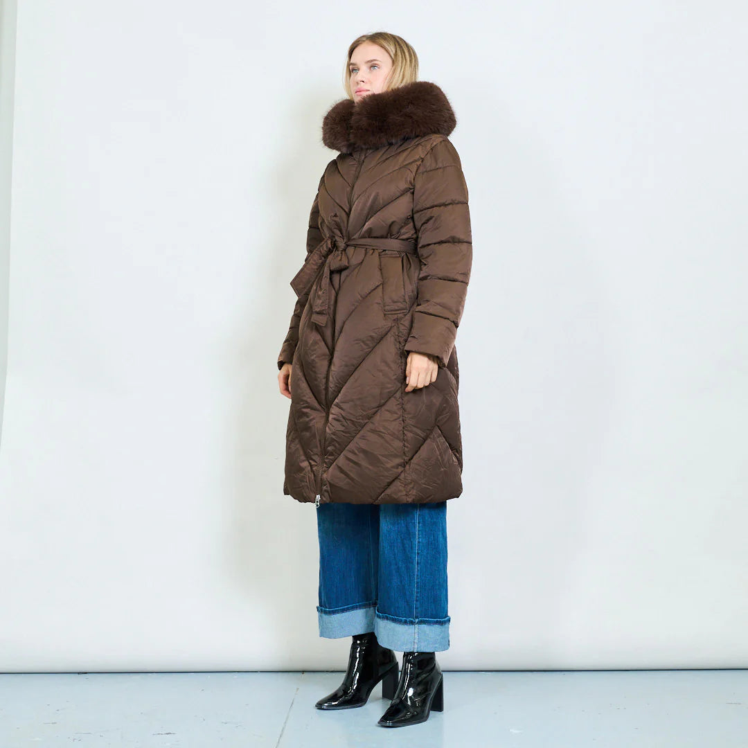 Plus-Size Long Down Jacket with Faux Fur Collar and Belt