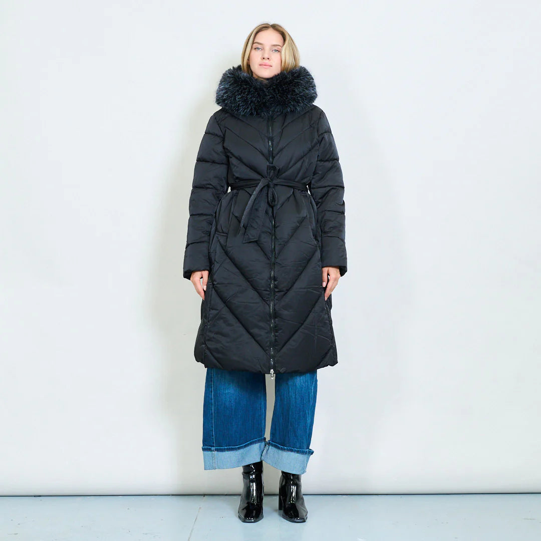 Plus-Size Long Down Jacket with Faux Fur Collar and Belt