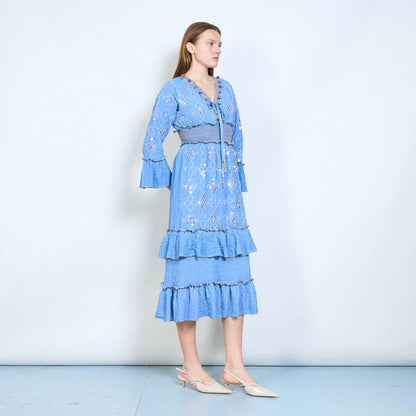 Abito midi donna con ricami, paillettes e vita elasticizzata