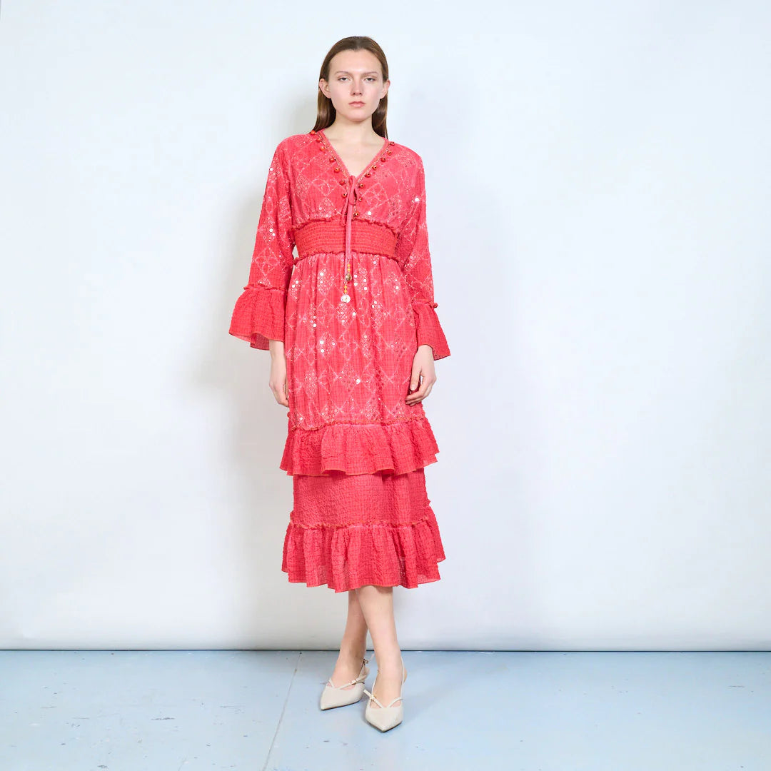 Abito midi donna con ricami, paillettes e vita elasticizzata