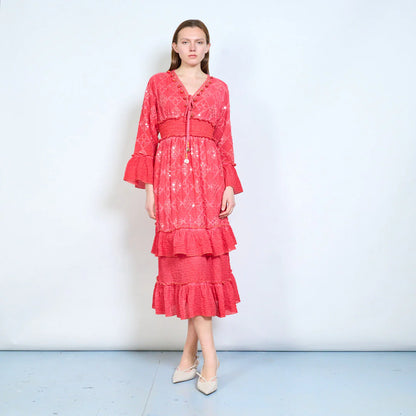 Abito midi donna con ricami, paillettes e vita elasticizzata