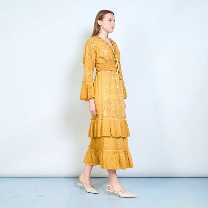 Abito midi donna con ricami, paillettes e vita elasticizzata