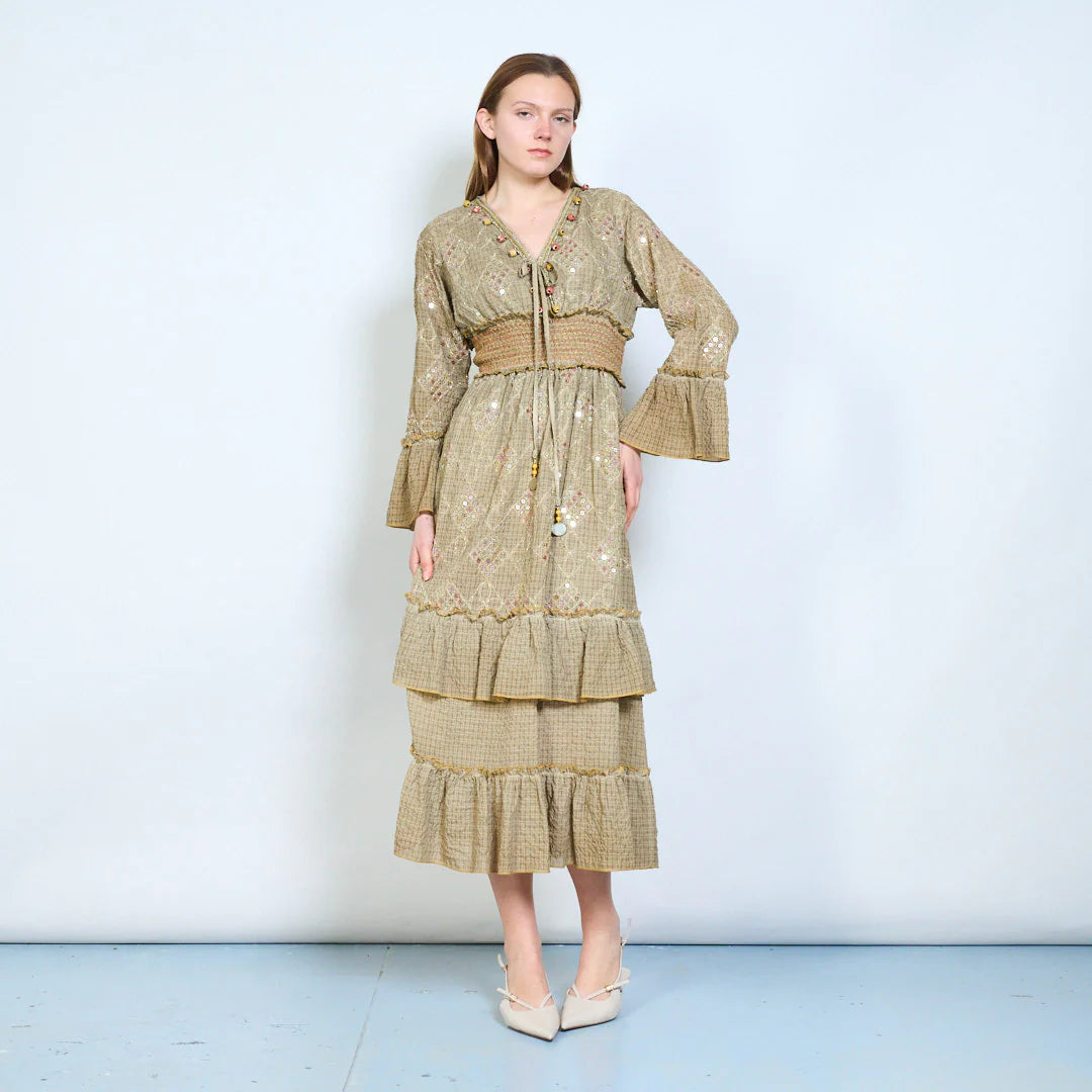 Abito midi donna con ricami, paillettes e vita elasticizzata