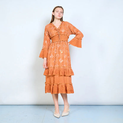 Abito midi donna con ricami, paillettes e vita elasticizzata