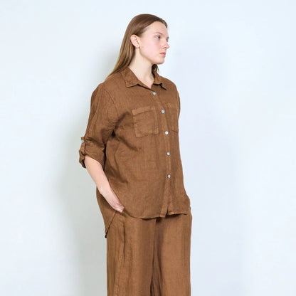 Camicia donna in lino con tasche frontali e maniche regolabili