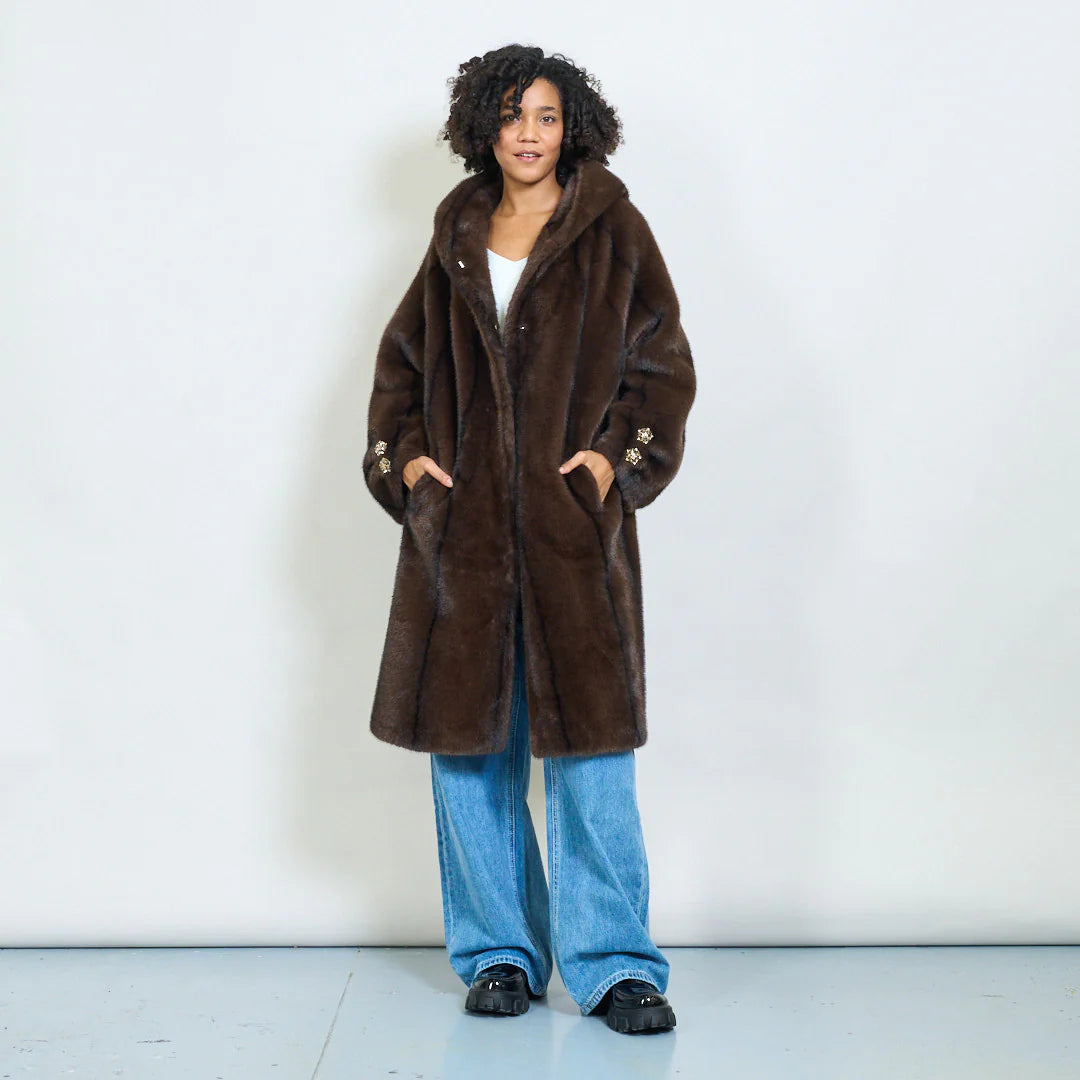 Faux Fur Coat with Hood and Gold Details