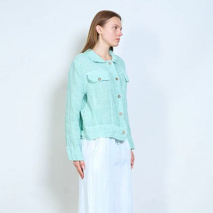 Giacca corta in tessuto naturale con colletto e tasche applicate