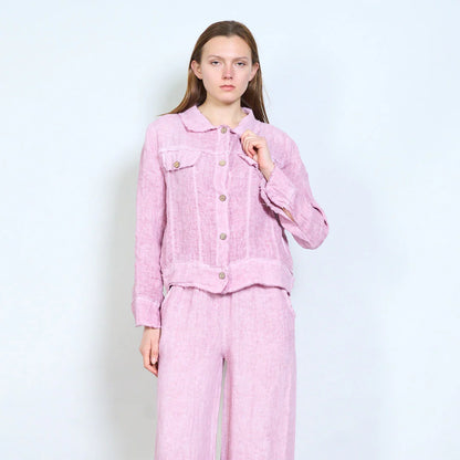 Giacca corta in tessuto naturale con colletto e tasche applicate