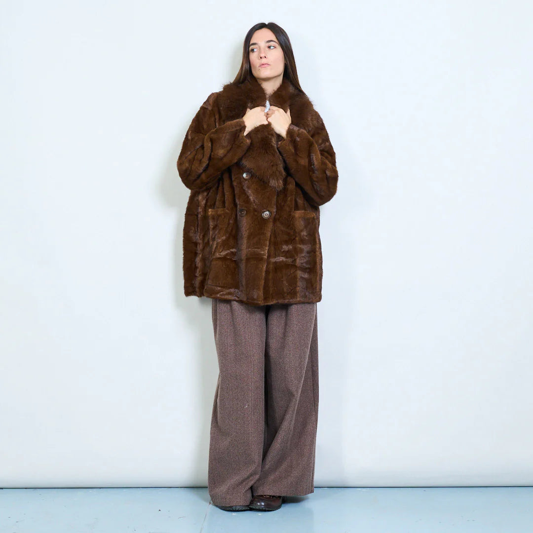 Faux Fur Coat with Voluminous Collar and Double Buttons
