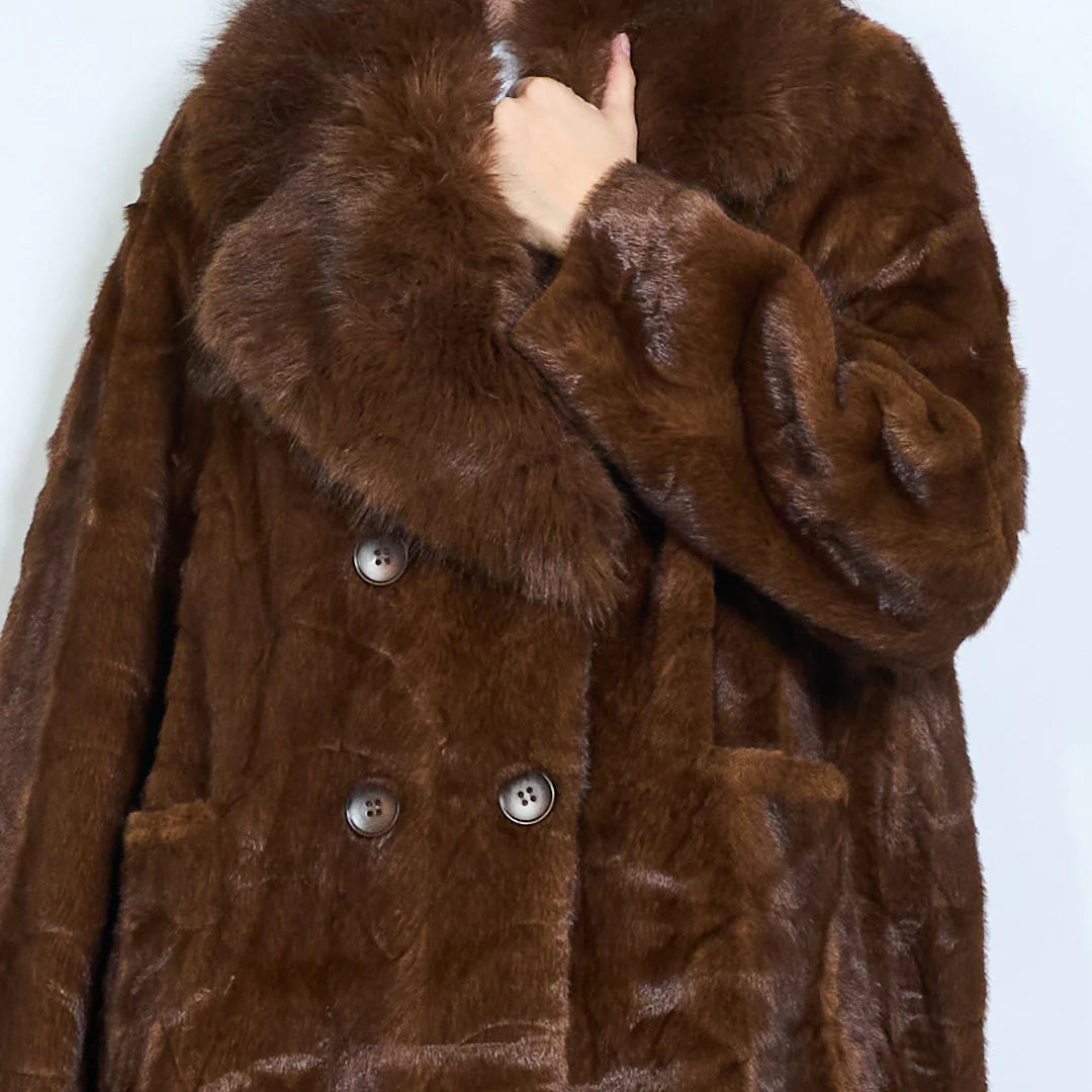Faux Fur Coat with Voluminous Collar and Double Buttons