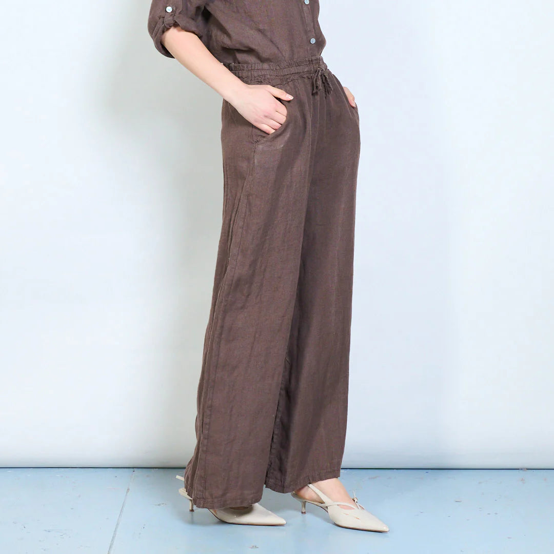 Pantaloni palazzo donna in lino con coulisse e tasche