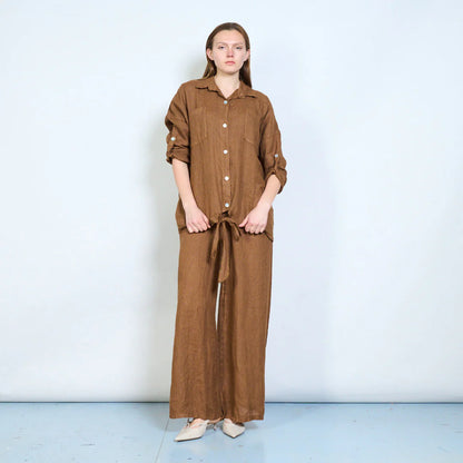 Camicia donna oversize con nodo frontale e maniche regolabili