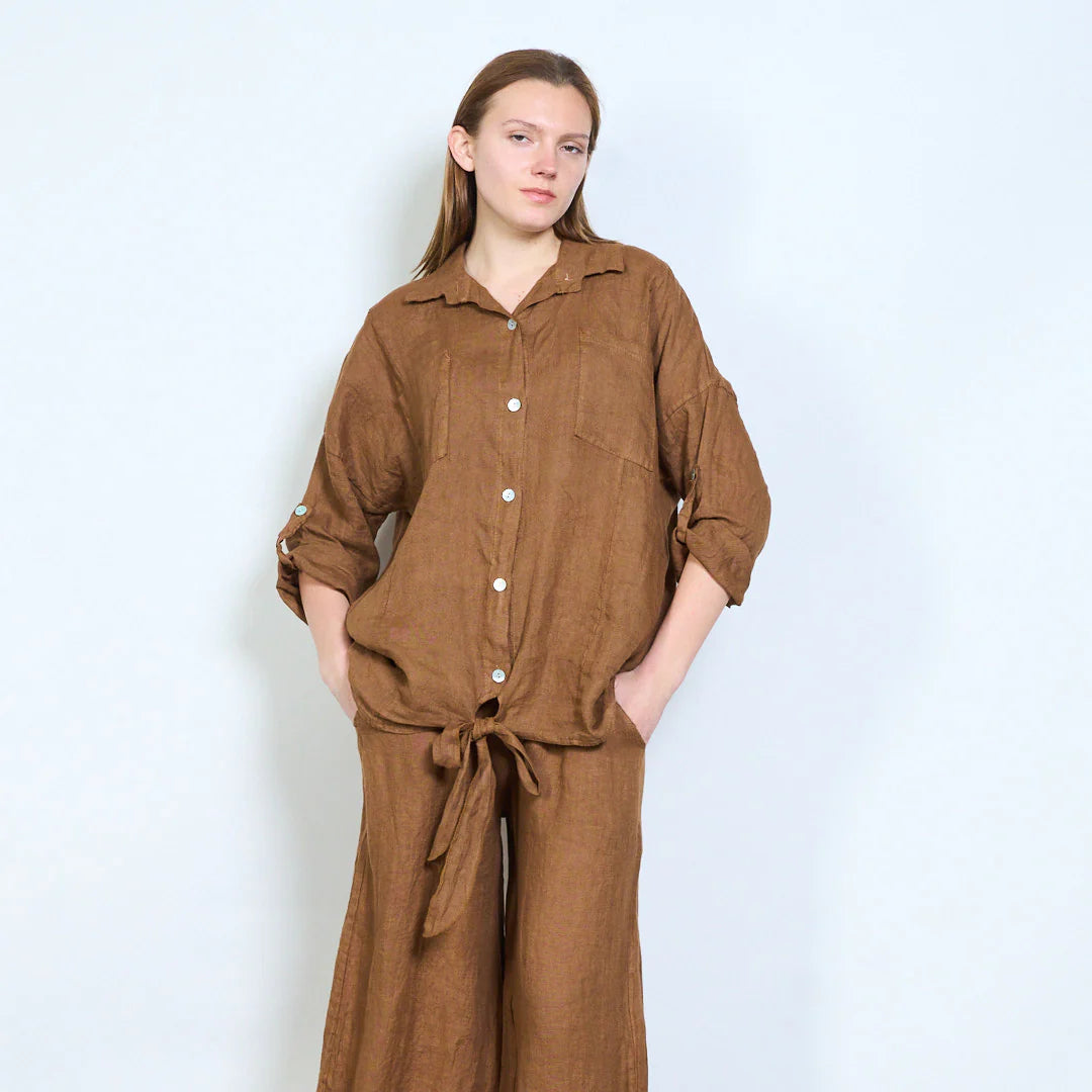 Camicia donna oversize con nodo frontale e maniche regolabili