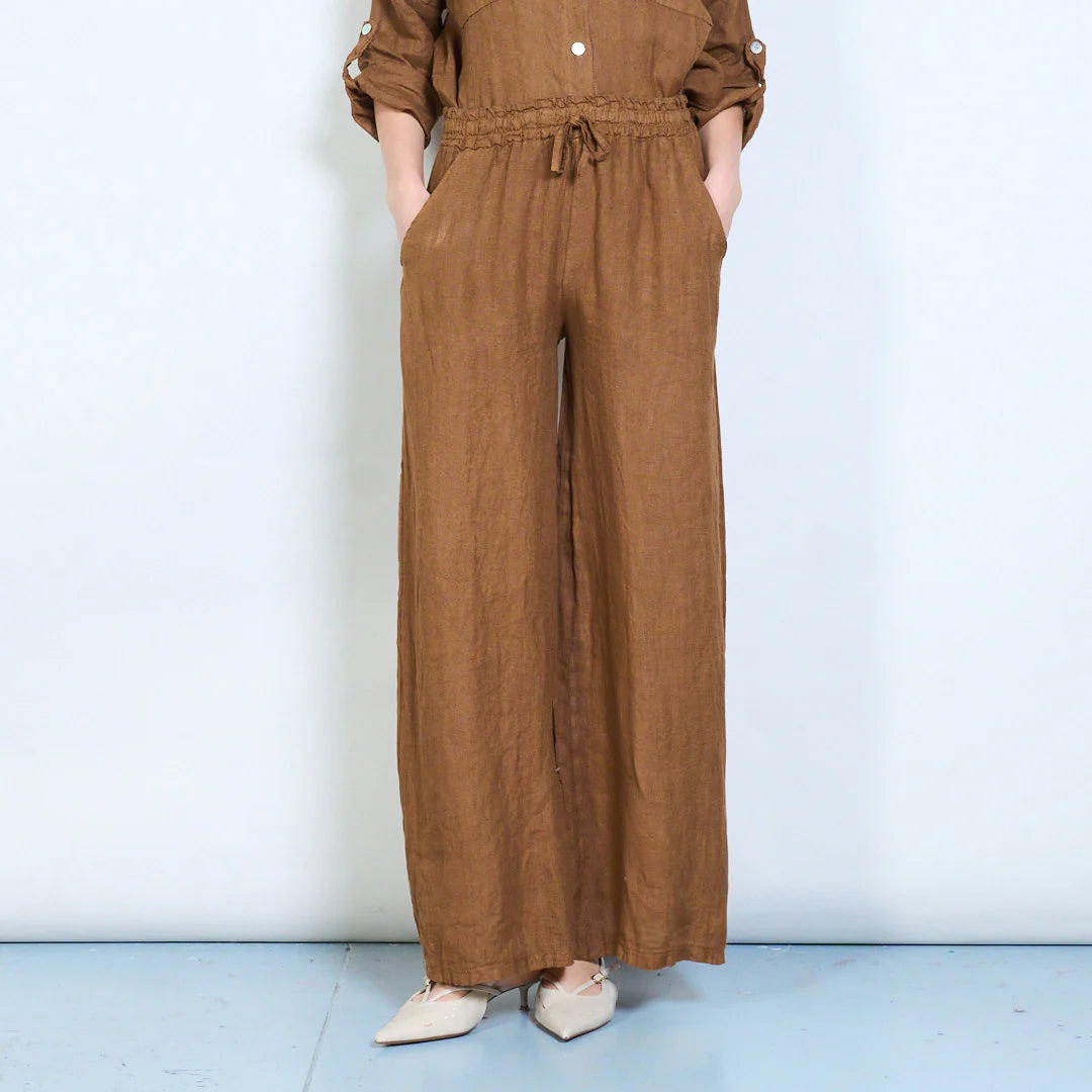 Pantaloni palazzo donna in lino con coulisse e tasche