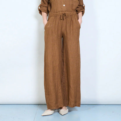 Pantaloni palazzo donna in lino con coulisse e tasche