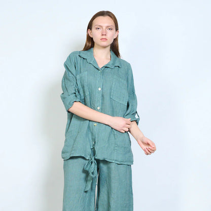 Camicia donna oversize con nodo frontale e maniche regolabili