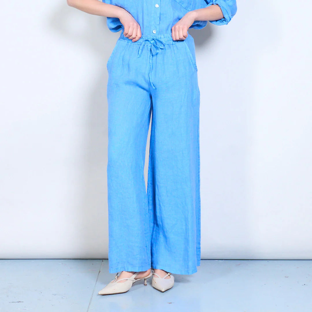 Pantaloni palazzo donna in lino con coulisse e tasche