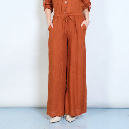 Pantaloni palazzo donna in lino con coulisse e tasche