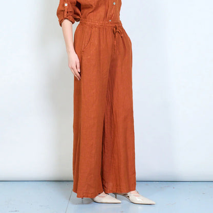 Pantaloni palazzo donna in lino con coulisse e tasche