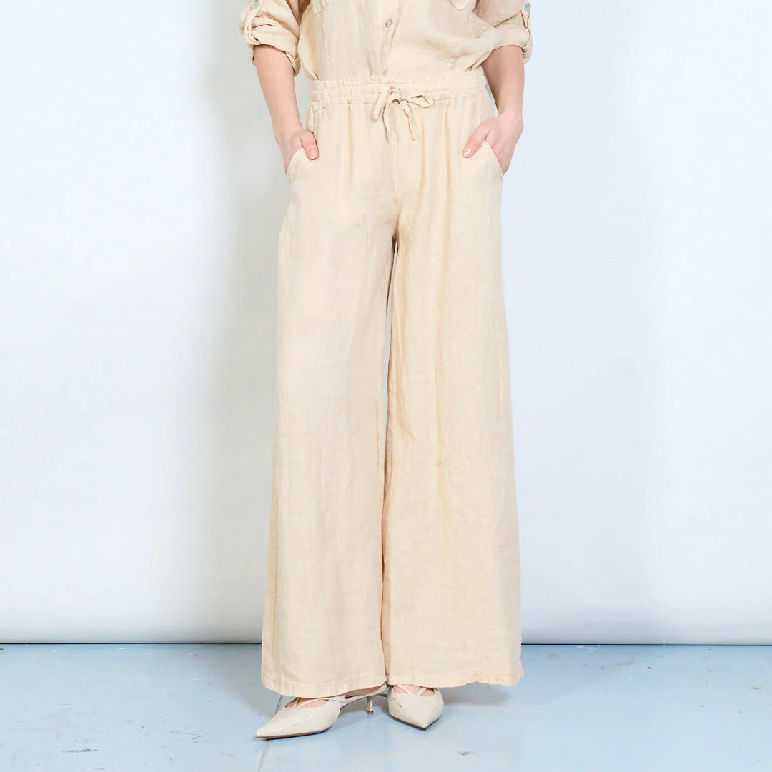 Pantaloni palazzo donna in lino con coulisse e tasche