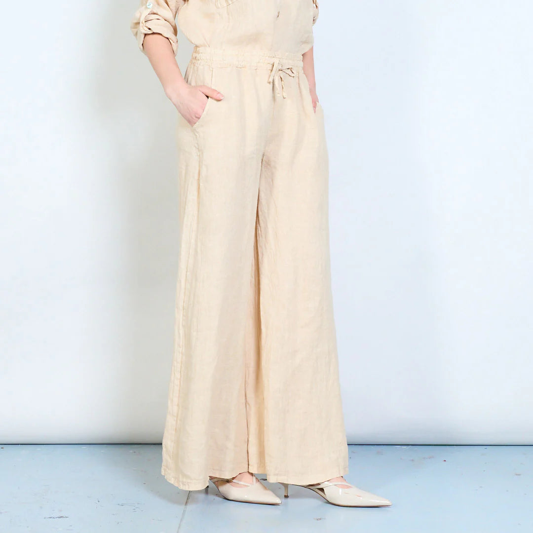 Pantaloni palazzo donna in lino con coulisse e tasche