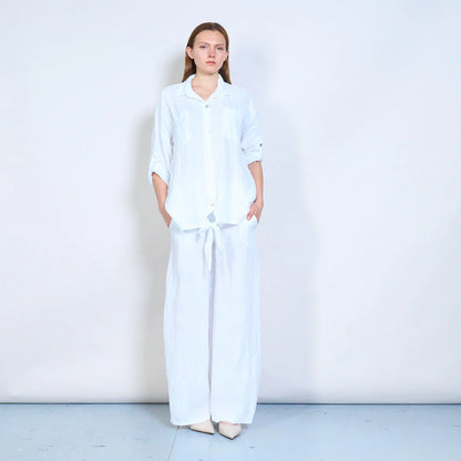 Camicia donna oversize con nodo frontale e maniche regolabili