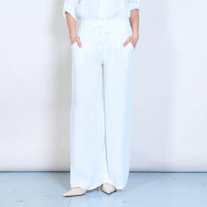 Pantaloni palazzo donna in lino con coulisse e tasche