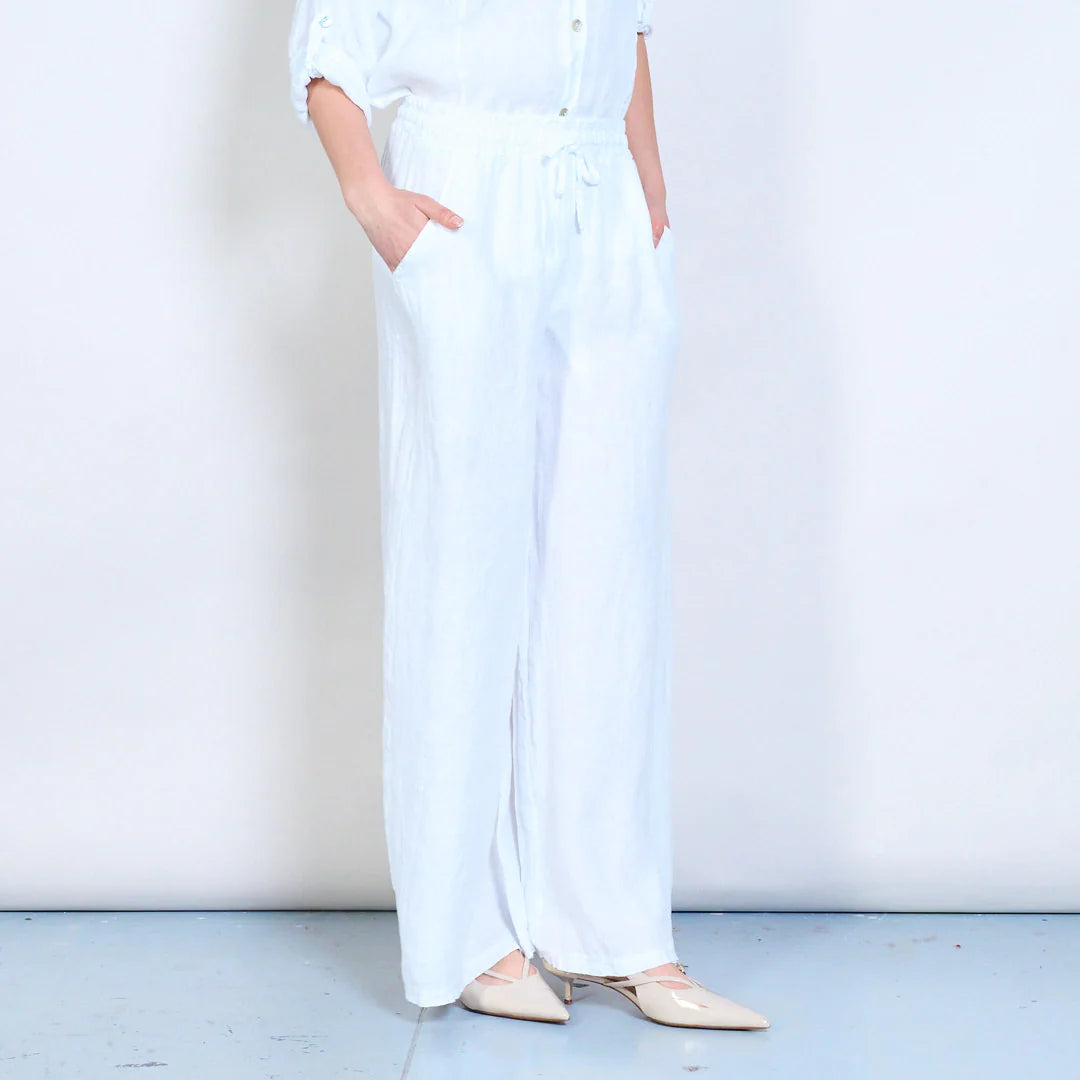 Pantaloni palazzo donna in lino con coulisse e tasche