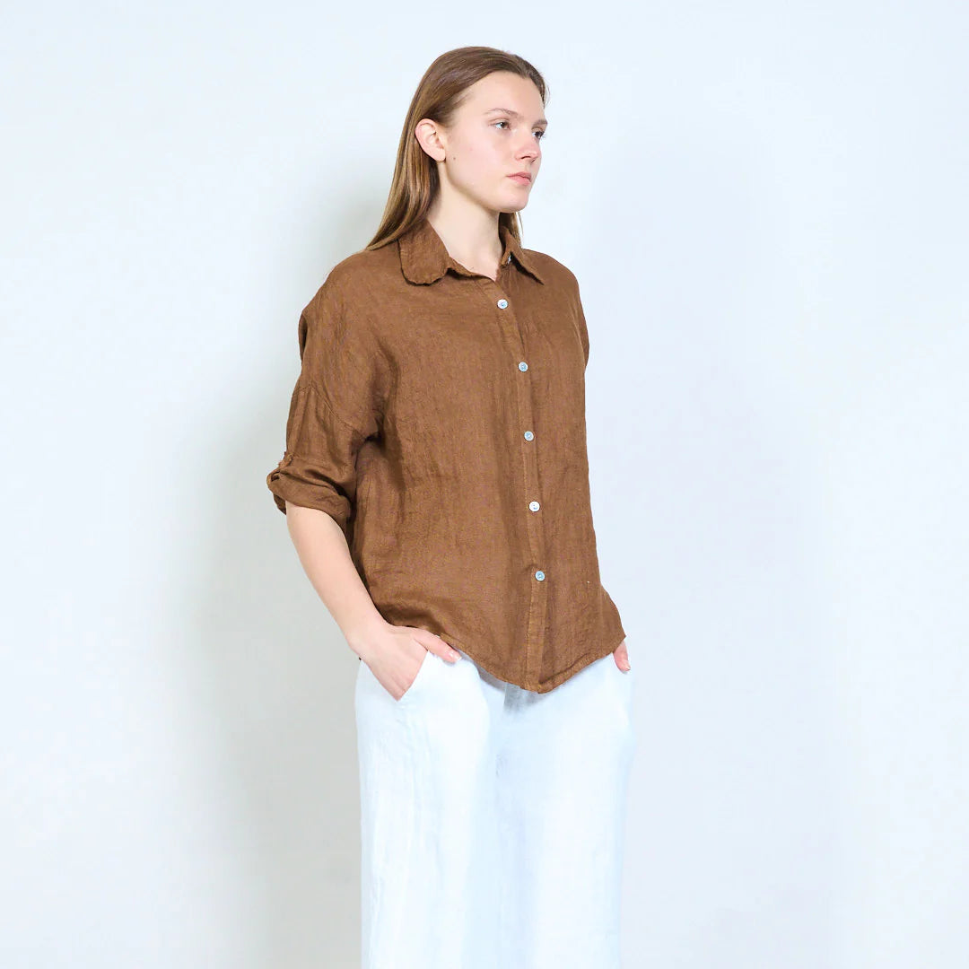 Camicia donna in lino con colletto classico e maniche arrotolabili