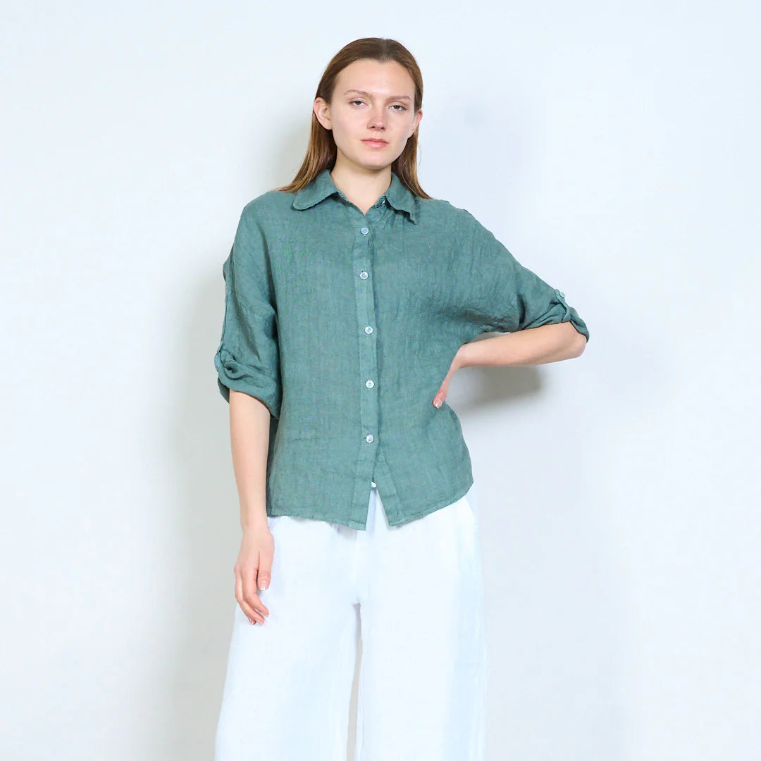 Camicia donna in lino con colletto classico e maniche arrotolabili