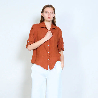 Camicia donna in lino con colletto classico e maniche arrotolabili