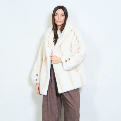 Short Faux Fur Coat with Hood and Jewel Buttons