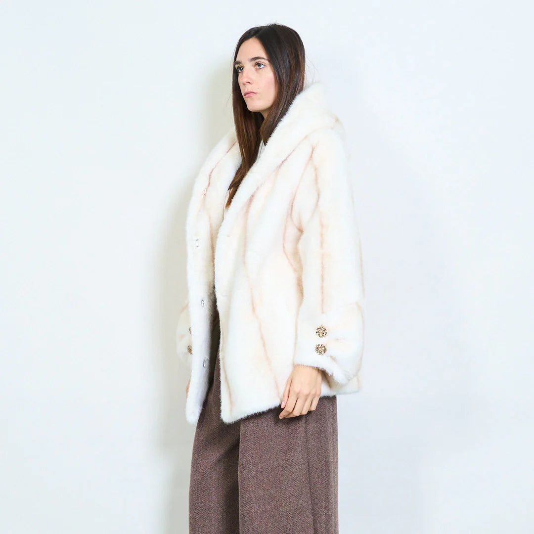Short Faux Fur Coat with Hood and Jewel Buttons