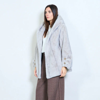 Short Faux Fur Coat with Hood and Jewel Buttons