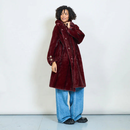 Faux Fur Coat with Hood and Gold Details