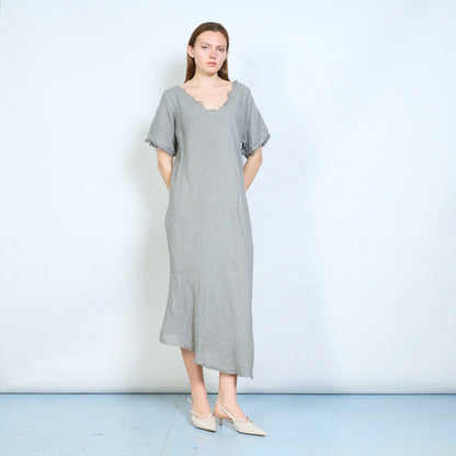 Abito lungo donna ampio con scollo rifinito e maniche corte