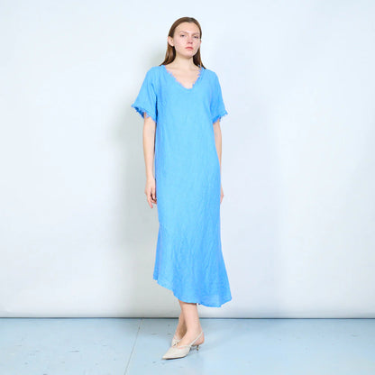 Abito lungo donna ampio con scollo rifinito e maniche corte