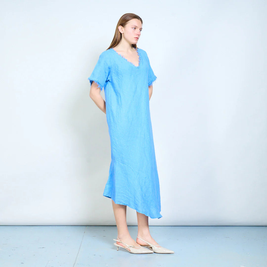 Abito lungo donna ampio con scollo rifinito e maniche corte