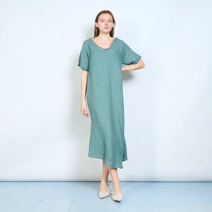 Abito lungo donna ampio con scollo rifinito e maniche corte