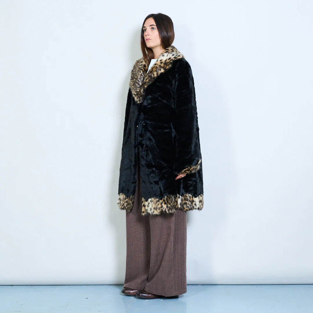 Faux Fur Coat with Contrasting Animal Print Details