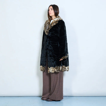 Faux Fur Coat with Contrasting Animal Print Details