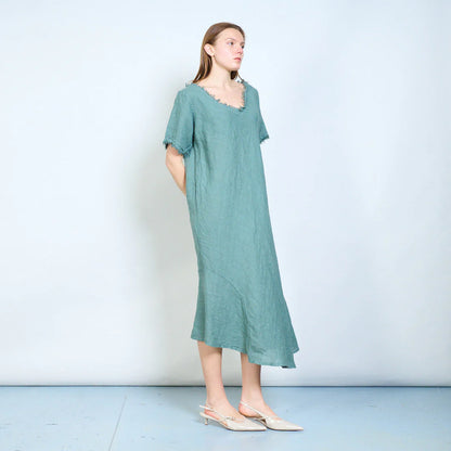 Abito lungo donna ampio con scollo rifinito e maniche corte