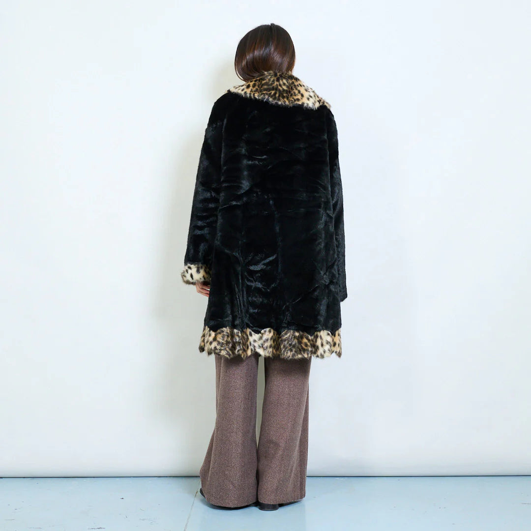 Faux Fur Coat with Contrasting Animal Print Details