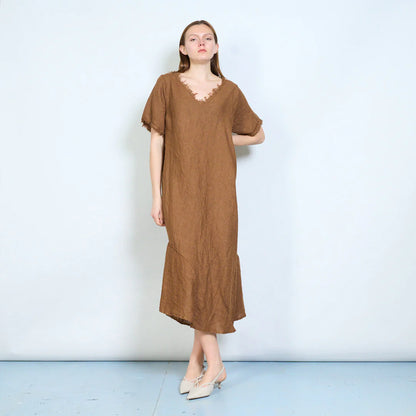 Abito lungo donna ampio con scollo rifinito e maniche corte