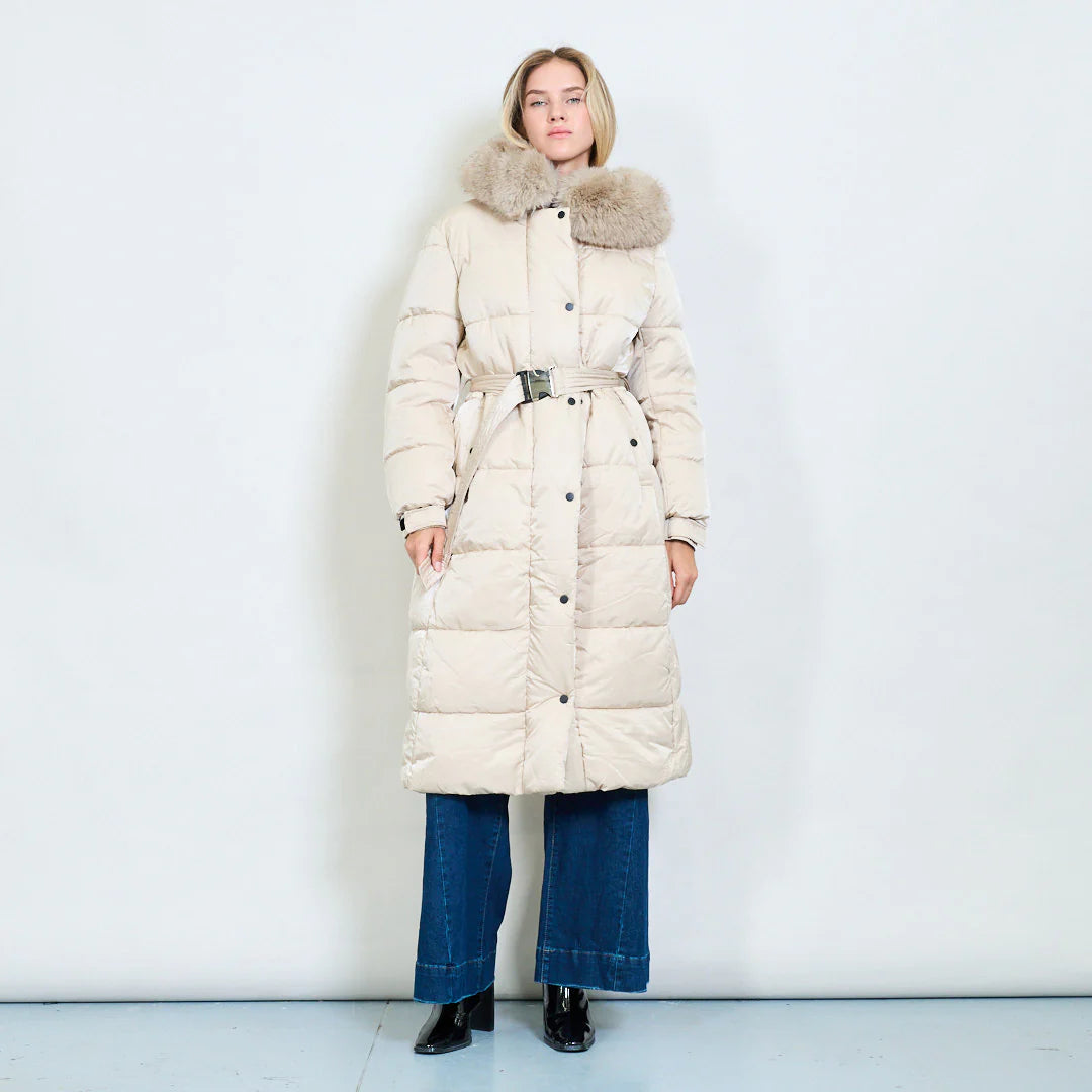 Women's Plus-Size Down Jacket with Fur Collar and Belt