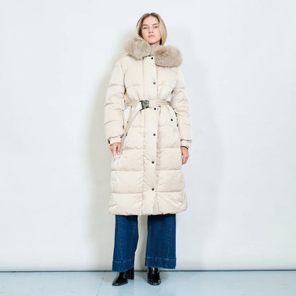 Women's Plus-Size Down Jacket with Fur Collar and Belt